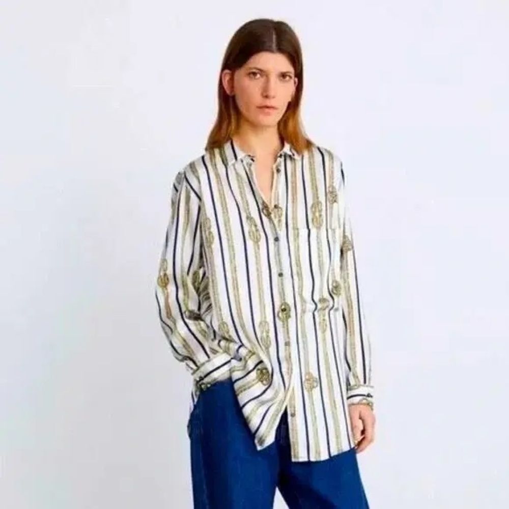 ZARA Women White Rope Printed Long Sleeve Size Large NWT